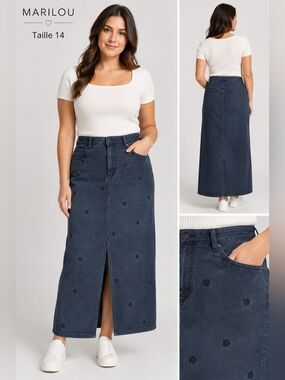 Black Embroidered Dot Denim Midi Skirt